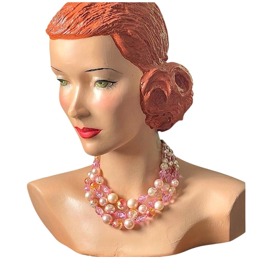 Vintage Coro Pink Faux Pearl Crackle Glass Multi Strand Collar Necklace - Picture 2 of 8